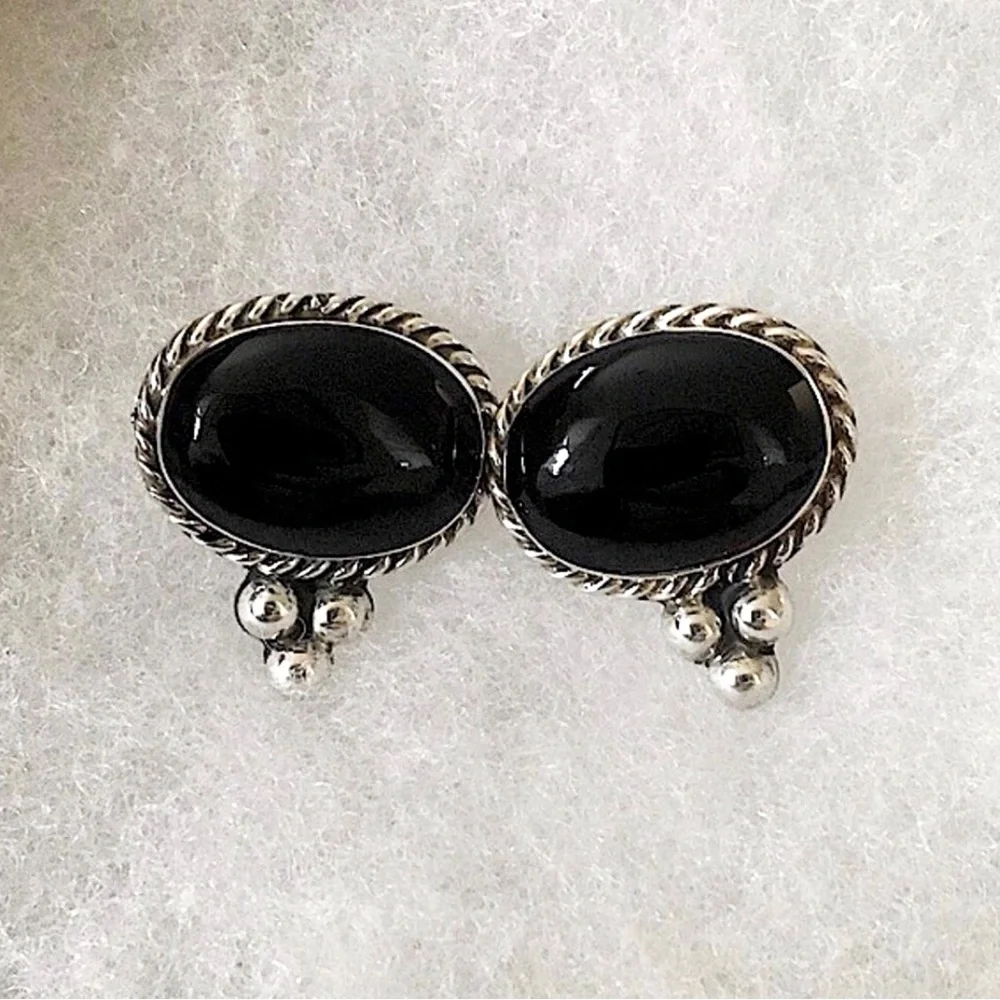 TAXCO Black Onyx Cabochon Sterling Silver Southwest Style Post Back Earrings
